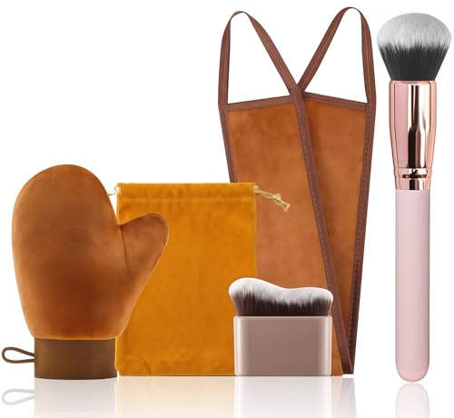 Vesavifaka 4-in-1 Selbstbräuner Handschuh Set, Wiederverwendbarer Eincremehilfe für Rücken, Bräunungsbürste für Körper Gesicht, Selbstbräuner Gesicht mit Aufbewahrungstasche – Braun