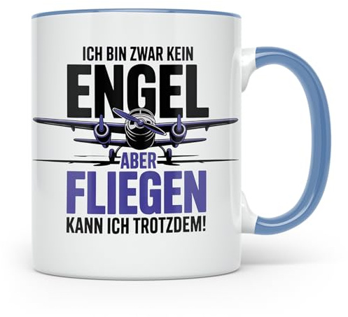 Pilot Tasse - Ich bin kein Engel! Fliegen kann ich trotzdem! Piloten Geschenkidee, Flugzeug Liebhaber Geschenk für Männer, Herren (Blau)