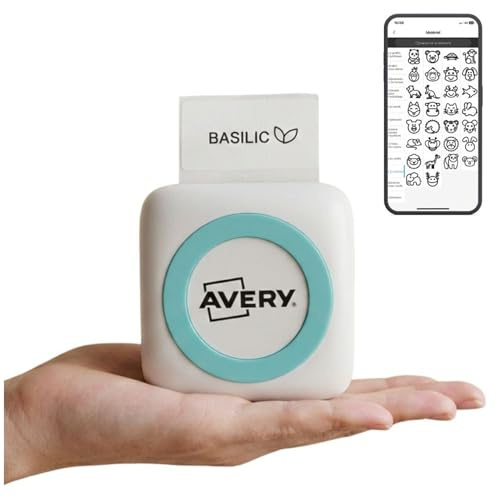 Avery Mini Imprimante Thermique Bluetooth BTPRINTER sans Encre Batterie Rechargeable USB-C Compatible Rouleaux BTPRINTER-Rolls 55x30 mm App iLabel iOS Android, 1 Rouleau de 75 étiquettes inclut