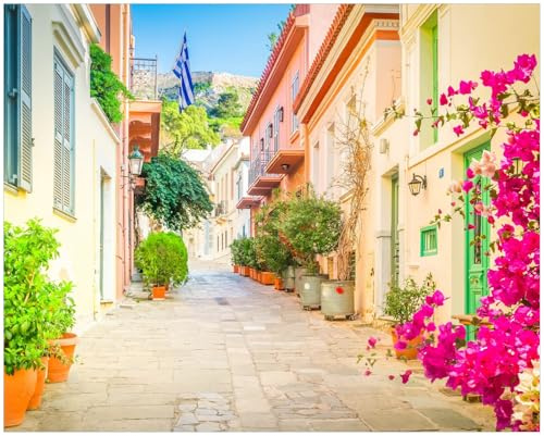 Wallario Poster - Mediterrane Straße im Blütenrausch in Premiumqualität, Größe: 40 x 50 cm