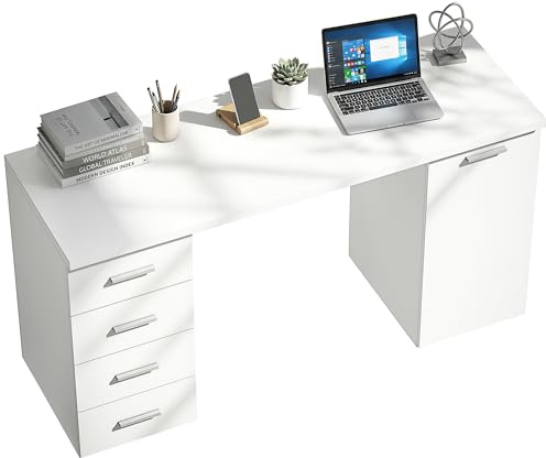 HOMCOM Computertisch/Schreibtisch 4 Schubladen, Schrank, 140x48x75cm, Weiß