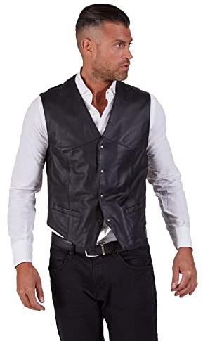 D'Arienzo Veste Cuir Homme Noir sans Manche Biker en Agneau Veritable Moto Motard Ceinture Blouson Made in Italy Gilet Noir/56/3XL