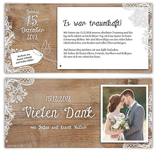 Kartenmachen.de Hochzeit Dankeskarten personalisiert ab 10 Stück Menge wählbar Danksagungskarten individuell mit Ihrem Text und Foto DIN Lang 99 x 210 mm - Rustikal mit weißer Spitze