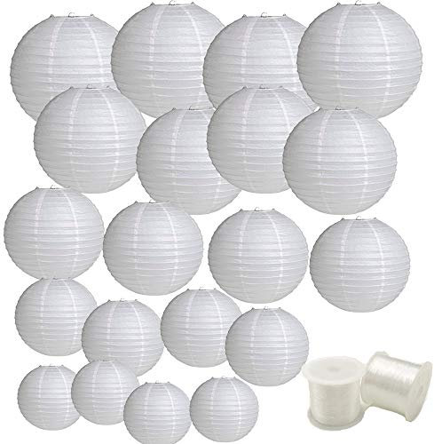 Aisamco 20 Piezas Linterna de Papel Blanco Chino linternas de Papel Colgantes 4 6 8 10 12 con línea de Pesca de monofilamento para Decoraciones de Bodas