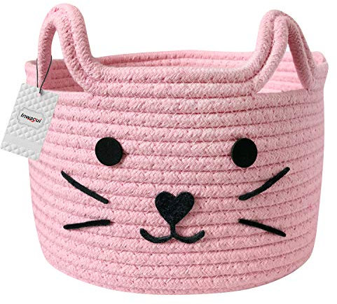 Inwagui Panier de Rangement en Corde de Coton Pliable Boîte de Rangement Motif de Chat Mignon Corbeille de Rangement pour Chambre d'enfant, Bébé Jouets, Accessoires - Rose