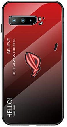 HAOTIAN Coque pour ASUS ROG Phone 3 ZS661KS Coque, Étui en Verre Gradient Color Back Cover en Verre Trempé Résistant aux Rayures Case, Souple Silicone TPU Anti-Rayure, Anti-Choc Housse(Rouge)
