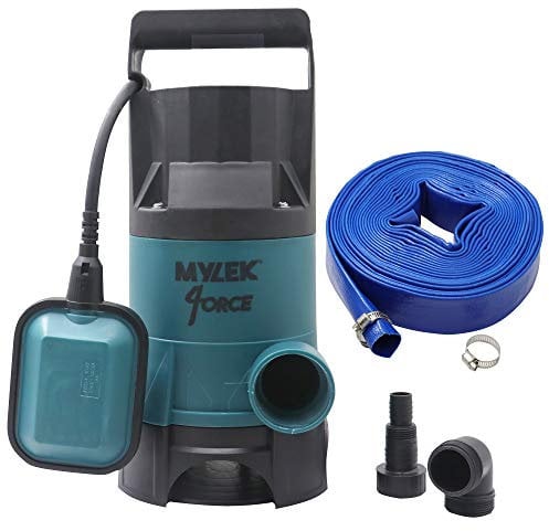 MYLEK Submersible Water Pump 750W Electric, 14000L/H, 5m Layflat Hose for Clean or Dirty Water with Float Switch, 10M Power Cable - for Floods, Pools, Gardens, Ponds, Hot Tubs