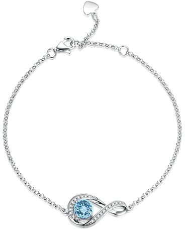 GEMLANTO 925 Sterling Silber Armband Infinity erstellt Aquamarin Marz Geburtsstein für Damen Geburtstag Jubiläum Schmuck Geschenke, Verstellbare Kette 17+1.5+1.5CM