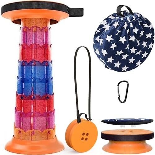 ALEVMOOM Tragbarer klapphocker mit Kissen,Campinghocker faltbar,hocker,werkstatthocker,teleskophocker Faltbarer für Erwachsene, Tragfähigkeit 550lb mit Tasche Karabiner (Orange Regenbogen)