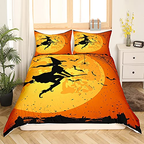 Halloween Bettwäsche 135x200cm Kinder Jugendliche Schlafzimmer Dekor Bettwäsche Set Hexe Drucken Bettwäsche Orange Schwarz Spinne Schläger Muster Bettbezug Set 2 Stück, Atmungsaktive Mikrofaser