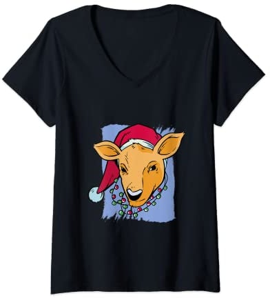 Damen Reh mit Weihnachtsmann Mütze Xmas für Jäger T-Shirt mit V-Ausschnitt