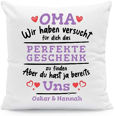 GRAVURZEILE Kissen mit Spruch Personalisiert mit Name - Geschenke für die ganze Familie - Größe: mit Füllung - Farbe: Oma (Wir haben.)