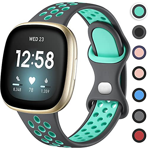 Upeak Sportarmband Kompatibel mit Fitbit Versa 4/Versa 3 Armband/Fitbit Sense 2/Fitbit Sense Armband, Atmungsaktiv Silikon Doppelloch Schnappschnalle Ersatzband, Groß, Grau/Blau Grün