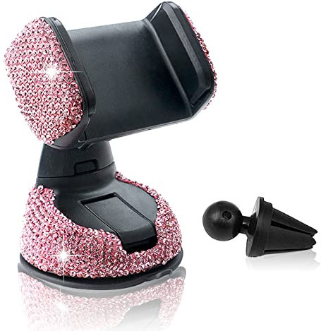 Spldsun Support Téléphone Voiture, Rotatif à 360° Support Telephone, Strass Support Téléphone Voiture, avec Kit Conversion, pour Tableau Bord Voiture, Bouches D'aération (Rose)