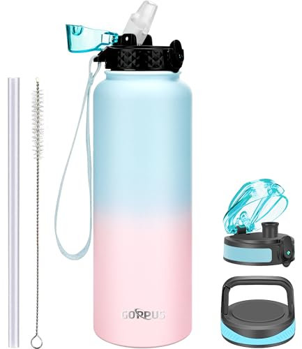 Goppus Bouteille d'eau en Acier Inoxydable avec Paille 1,2L/40oz à Double Paroi Bouteilles d'eau Isolées Étanchéité Bouteille d'eau à Couvercle Rabattable pour Adulte avec 3 Couvercles