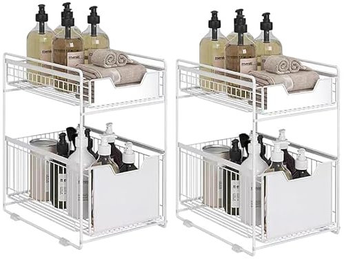 HUOLE Panier de Rangement Coulissant à 2 Niveaux,tiroir Organisateur, Porte-épices, Panier Coulissant sous évier, étagère de Rangement pour comptoir de Cuisine, Garde-Manger,Bureau (Blanc-2PC)