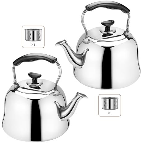 Bayli 2er Set - 1 L Teekanne aus Edelstahl, Wasserkessel mit Sieb, Pfeifkessel, türkische Tee Kanne für Samowar, Caydanlik, Teebereiter mit Griff und Deckel, türkischer Teekocher - 1 Liter Volumen