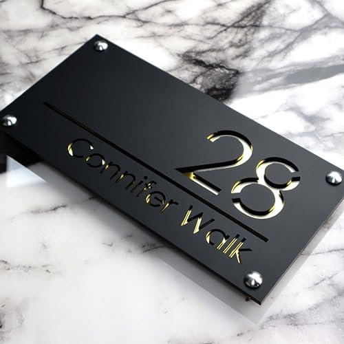 K SMART SIGN | LUXE H1 | House sign door number laser personalised address wall plaques numbers Signs (Matt Black & Gold Mirror)