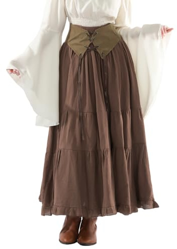 Fiamll Mittelalter Rock Damen A-Linie Lang, Elastische Taille mit Kordelzug, Renaissance Maxirock Braun, Victorianischer Stil, M