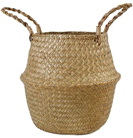 FEILANDUO Seagrass Belly Basket Woven Plant Pot with Handle, Natural Foldable Laundry Toy Storage Baskets for Shelves (Natural, Widest Part 32 x 28 cm)
