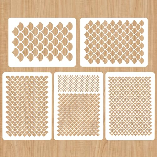 EXIN DEHCEN 5 Stück Fischschuppen Schablonen DIY, 15 x 20cm Meerjungfrau Schuppen Schablonen, Geometrische Waben Schablonen, Wiederverwendbare Make-up Schablonen Malerei für Malerei, Backen, Handwerk