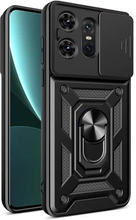 SDTEK Case for Motorola Moto Edge 50 Pro Strong Rugged Phone Cover with Camera Lens Protection and Built in Magnetic Ring Holder (Black)