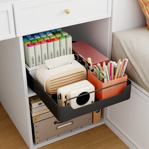Giklux 40CM Ausziehbarer Schrank Organizer für Gewürzregal, Küchen, Schlafzimmer, Kleiderschrank, Teleskopschublade Zum Kleben, Küchenschrank Organizer Ausziehbar, Schwarz
