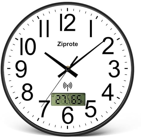 Ziprote Radio-Controlled Wall Clock with Temperature Display and Humidity, 30 cm Silent Kitchen Clock for Living Room, Bedroom, Office