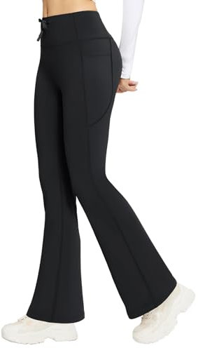 baleaf Women's Fleece Lined Yoga Pants Thermal Flared Leggings with 4 Pockets Drawstring High Waisted Bootcut Legging Black XS