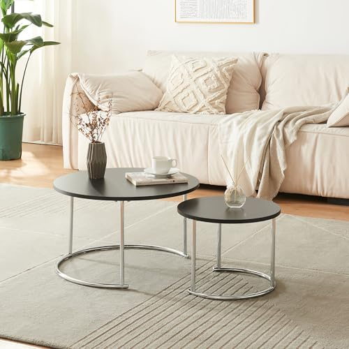 [en.casa] Couchtisch Christchurch 2er Set Wohnzimmertisch rund Sofatisch Satztisch Beistelltisch mit Metallgestell Kaffeetisch Schwarz/Chrom