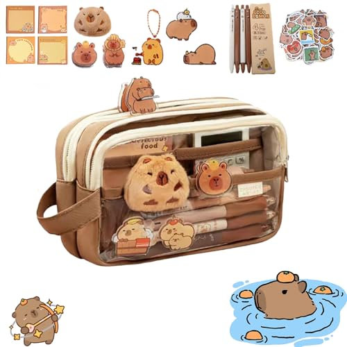 OUDIOHAI Aesthetic Pencil Case Capybara, Transparentes Capybara Mäppchen, Capybara Federmäppchen mit Großer Kapazität, Weit öffnendes mit Niedlichen Nadeln, Schulbedarf, Mehrschichtiges