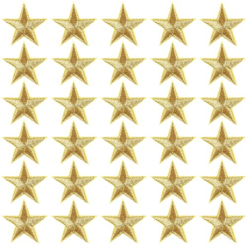 CABODYALS 100Pcs 3CM Gold Star Iron On Patches Embroidered Patches Mini 5 Pentagram Solid Sew On Repair Applique Shiny Patch Bulk for Crafts Clothes Jackets Hats Christmas Embellishments Supply