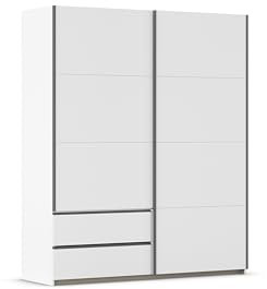 Rauch Möbel Stoke, Schwebetürenschrank, Kleiderschrank, Garderobe, 2-türig, 2 Schubladen, mit Zubehörpaket Classic, 4 Einlegeböden, Farbe Weiß, Griffleisten Grau metallic, 175x210x59cm