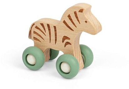 Bigjigs Toys Jungle Animal on Wheels Zebra, Wooden Mini Push Along Toy