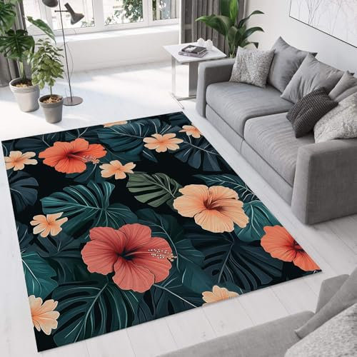 MIATCENRT Waschbarer Teppich Wohnzimmer 140 x 200cm, Flora Teppiche Schlafzimmer Tropische Pflanzen Kurzflor Teppich, Groß Weiche Teppiche für Schlafzimmer rutschfest Flauschiger Brücke
