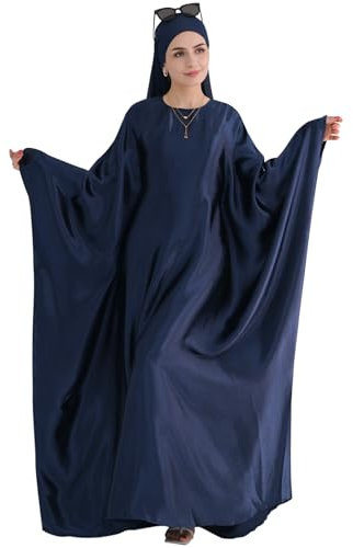 khalat Abaya Muslim Kleid Frauen Satin Gebet Kleid Fledermaus Langarm Naher Osten Arabische Robe mit Hijab Marineblau