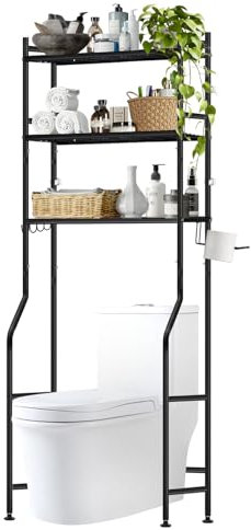 QIANBAIYI Waschmaschinenregal, WC-Regal über Waschmaschine, Toilettenschrank, 3 Ablagen, Handtuchhalter, 68x160x25 cm,Schwarz (Schwarz-2)