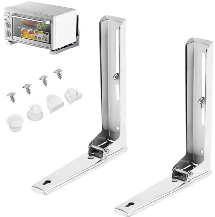 2X Heavy-Duty Wall-Mounted Microwave Brackets – Foldable, Adjustable Stainless Steel Shelf for All Microwave Ovens | Space-Saving, 50kg Load Capacity | Rustproof & Ventilated Design (Silver)