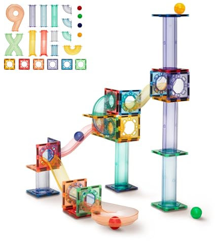 Panduro Magnetic Tiles Kugelbahn – 24 Magnetfliesen, 32 Bahnelemente & 4 Kugeln – Kompatibel mit Anderen Sets – Ab 3 Jahren – Kreatives STEM-Spielzeug