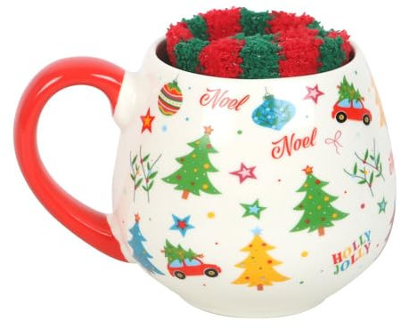 Nostalgic Christmas Print Mug and Socks Set – 500ml Festive Mug with Red Handle & Cozy Stripy Socks – Dishwasher & Microwave Safe – Perfect for Warm Holiday Nights