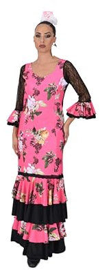 Robe flamande à volants pour femme avec manches en dentelle et imprimé floral, Rose, noir, Medium