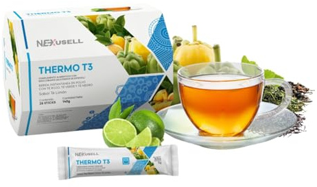 Thermo T3 - Mix Termogénico de 3 Tés + L-Carnitina y Extractos Naturales | Controla tu Peso y Obten + Energía | 1 Caja con 28 Sticks | Sabor Limón