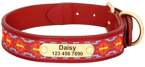 Tribal Personalisierte Hundehalsbänder aus Leder, Ethno-Stickerei, handgefertigte Haustierhalsbänder, ID-Tag for kleine, mittelgroße und große Hunde, Mops(5,XL)