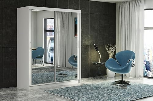 Modern Sliding Double Door Wardrobe with Full Size Mirror, 2/3 Doors, up to 8 Drawers and 4 Hanging Rails Colours: WHITE/BLACK/OAK/GREY Width: 100cm/120cm/150cm/180cm/200cm (White, 120cm no Drawers)