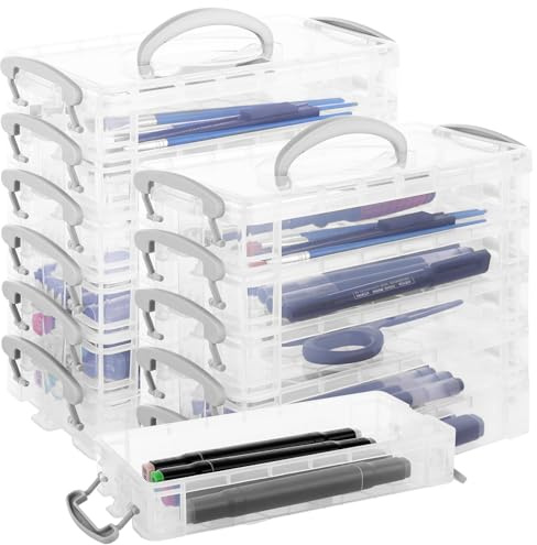 MUXHEL 12 Pack Plastic Pencil Box Clear Pen Storage Organiser with Lid Stackable Portable Pencil Storage Box with Handle for Office Home & School-21.5x10x20.5cm