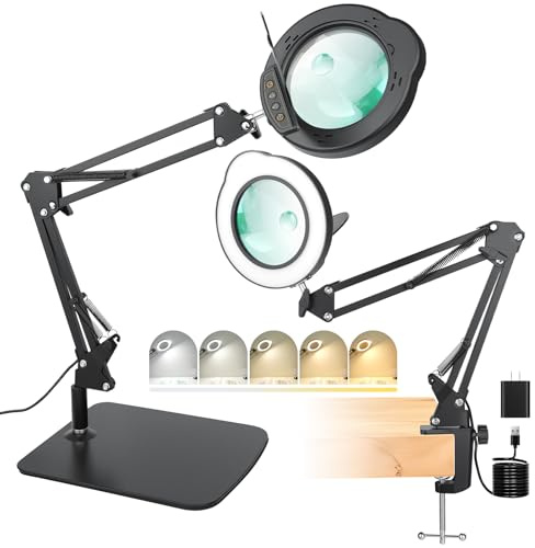 15X 30X Magnifying Glass with Light and Stand, LED Desk Lamp with Base and Clamp, 5 Color Mode, 10 Dimmable Levels, Hands-Free Magnifying Glasses for Reading, Close Work, Crafts, Jewelry