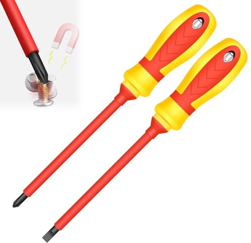 WONAIER 2Pcs Magnetic Screwdrivers Set Phillips and Flat Screwdriver, 1000v Insulated Screwdrivers 4 Inch Multi-purpose Cross Slot Screwdriver Set Cushion Grip Handle for Electricians