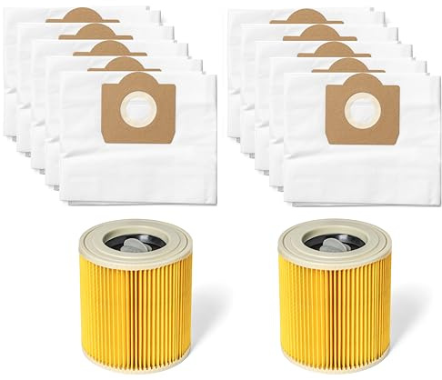 Staubbeutel Filter Zubehör Set - 2 HEPA Flachfilter und 10 Staubsaugerbeutel, Kompatibel mit Kärcher WD3 WD3P MV3 SE 4001, Teilenummer 6.414-552.0 und 6.959-130.0 (2 Filter / 10 Staubsaugerbeutel)