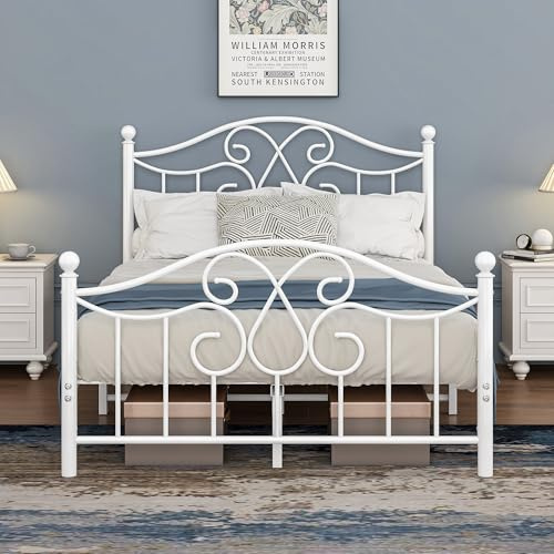 DUMEE Double Bed Frame with Headboard and Footboard, Metal Platform Bed Frame Double Size, Under Bed Storage, No Box Spring Needed, Enhanced Support, Noise Free, White Bed