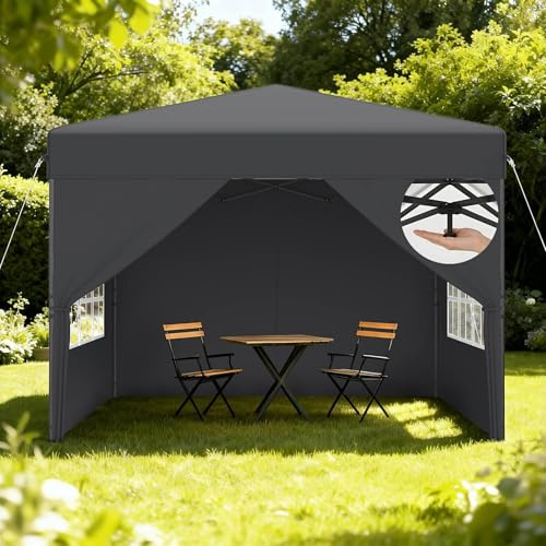 Aufun Pop Up Pavillon 2.5x2.5m Wasserdicht Gartenpavillon, UV Schutz Faltpavillon mit Seitenwänden, Partyzelt Faltbar für Camping, Hochzeit, Innenhof, Höheverstellbar 240-260cm, Anthracite